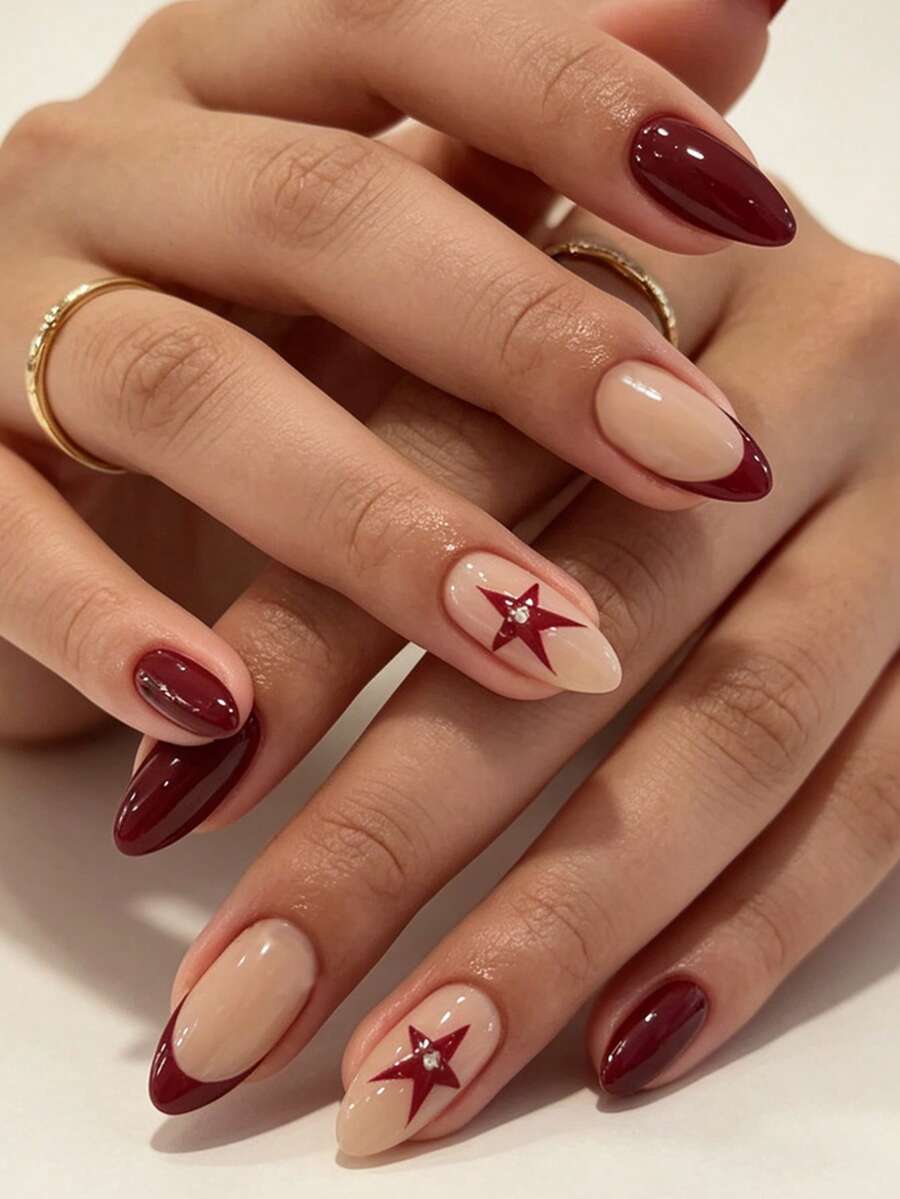 24pcs Almond Shaped Nude Wine Red French Style Nail Tips With Red Five Pointed Star Rhinestone Pattern Glossy Nail Stickers Retro Millennium Style Fake Nails That Elongate Hand Shape No Need Nail Stickers Self Adhesive Autumn And Winter Collection - Multicolor - View 1
