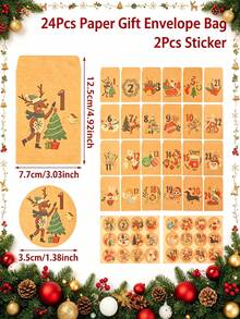 24+2 Kraft Paper Gift Envelopes With Santa Claus & Reindeer Pattern, 2 Sticker Sheets, 24-Day Advent Countdown Party Favors For Christmas Party - Countdown Kraft Paper - View 6