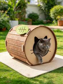 1pc Tree Stump Shaped Felt Cat Bed, 3-In-1 Multifunctional Cat Cave Hideout With Leaf Cat Scratching Pad, Comfortable Enclosed Pet Resting Bed, Suitable For Kittens And Adult Indoor Cats, Durable And Sturdy Pet Furniture - one-size - View 4