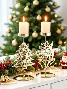 2pcs Vintage Gold Tall Candle Holders With Reindeer And Snowflake 3D Design, Suitable For Various Candle Sizes, Perfect For Home Decor, Table Setting, Halloween Or Christmas Decoration, Create Festive Atmosphere, 1/2pcs Optional - Gold - View 3