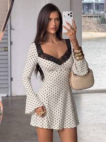 Polka Dot Dress, Elegant Party Dresses Women, Birthday Dress, Ruffle Dress, V-Neck Contrast Lace, Long Flare Sleeve, Slim Mini Dress, Fall/Winter - White - View 4