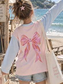 Tween Girl 1pc Printed Patchwork Contrast Color Long Sleeve T-Shirt, Suitable For Girls' Autumn/Winter Tops, Young Students Children's Clothing, Suitable For Outerwear And Layering - Pink - View 2