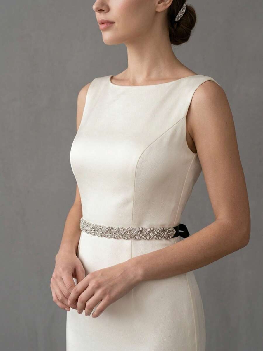 優雅閃亮水鑽編織腰帶，黑色緞面絲帶新娘婚紗腰飾，適合晚宴禮服的多功能配件