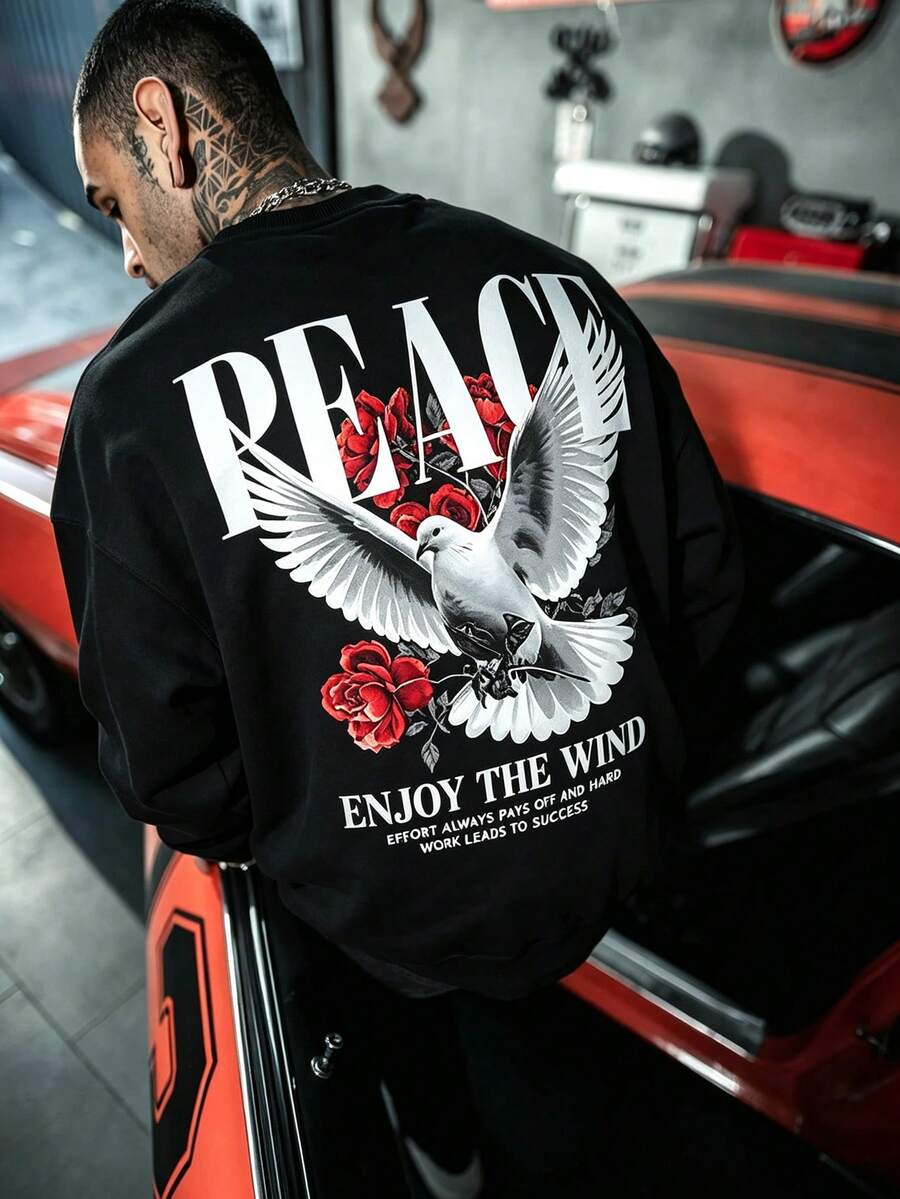 DOPE | American Street Style Oversized Back Graphic Sweatshirt For Men, PEACE Dove Red Rose Letter Loose Fit Crew Neck Pullover - Black - View 1