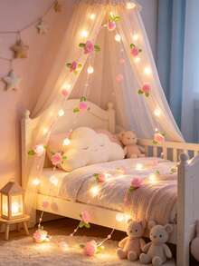200cm/78.74in LED Pink Pearl String Lights | Pink Rose Design With Green Leaves, Suitable For Valentine's Day, Office Decor, Room Decor, Party, Wedding, Gift And Graduation Ceremony Decoration - Battery Not Included - Green Leaf Rose - View 9