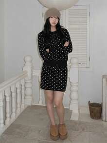 Polka Dot Button Front Women's Sweater Set, Round Neck Long Sleeve Black Knit, Elegant Autumn/Winter Casual, Office And Party Wear - Black - View 3