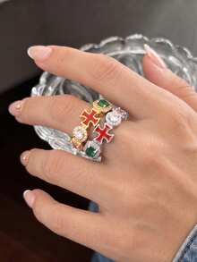 2Pcs Women's Luxury Fashion Cross Colorful Copper Zirconia Rings, Cute Multi-Element Rings, Women's Halloween Wear Outfit Commute Jewelry Accessories - Ring Set F - View 3