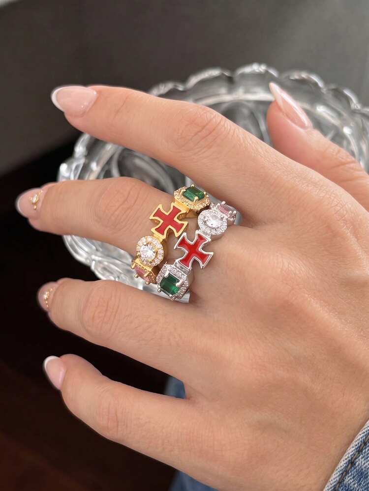 2件組女款奢華時尚交叉彩色銅鋯石戒指，可愛多元素戒指，萬聖節穿搭通勤珠寶飾品配件 - 戒指套裝F - 查看 3