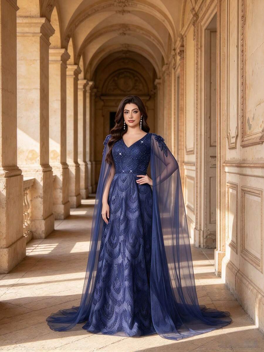 Plus Size Elegant V-Neck Faux Pearl & Rhinestone Embroidered Lace Formal Long Evening Dress, Tulle Cape Sleeve & Waist-Cinching Design, Suitable For Party & Date - Royal Blue - View 1
