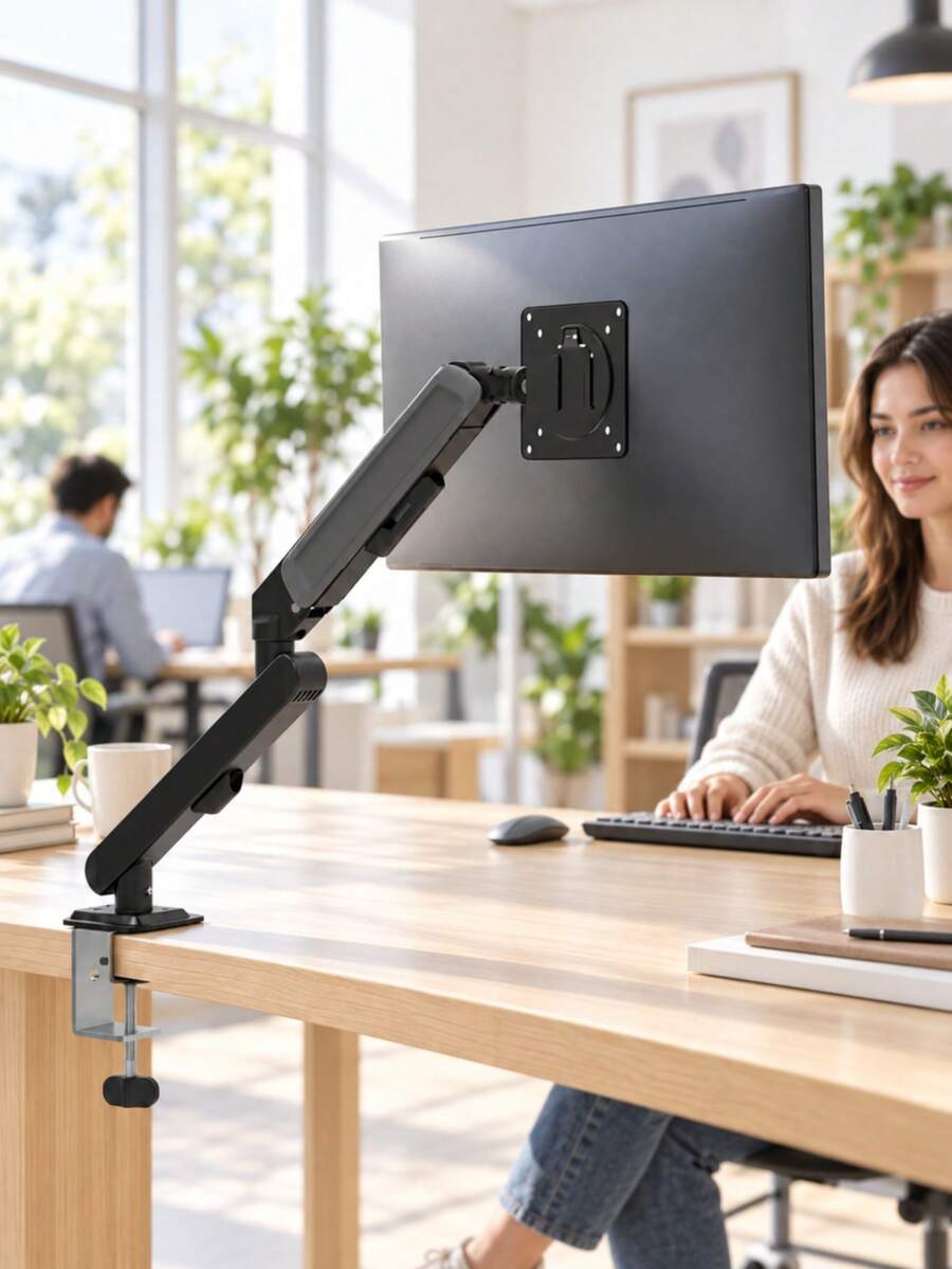 1pc Adjustable Gas Spring Single Monitor Arm For 13-34 Inch Screens, 2-10kg Load, VESA 75x75mm And 100x100mm, Tilt Swivel Desk Mount With Cable Management, Clamp And Grommet Base, Iron And Plastic, For Home Office, Gaming And Workstation - View 1