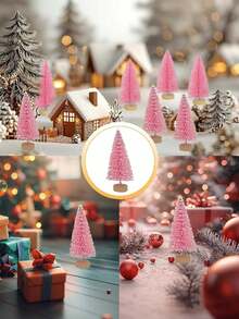 6pcs/1pc Christmas Tree DIY Bottle Brush Trees Pink Plastic Sisal Trees Miniature Snow Frost Fir With Wood Base For DIY Crafting,Displaying,Desktop Home Decoration Christmas Decoration - Multicolor - View 7