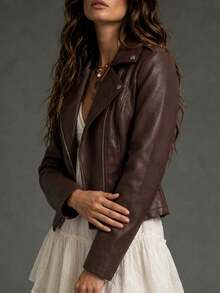 Women's Burgundy Faux Leather Asymmetrical Zipper Motorcycle Jacket, Collar, Long Sleeve, Regular Length, Non-Stretch Fabric, Autumn - Coffee Brown - View 5