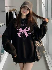 Niche Sweet Style Bow & Cherry Print Round Neck Sweatshirt For Women Black Oversized Soft Atmosphere Autumn Pullover - Black - View 6