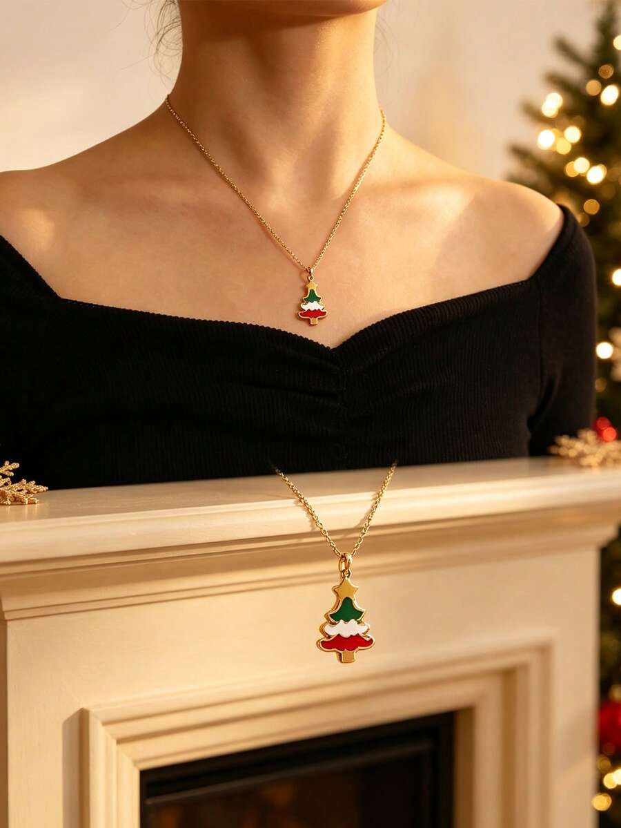 MONALLY 18K Gold Plated Stainless Steel Enamel Christmas Tree Necklace For Women, Colorful Xmas Tree Pendant, Christmas Holiday Jewelry Gift For Her - Christmas Tree - View 1