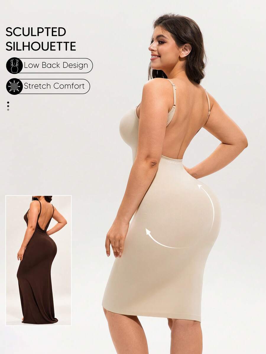 Women's Seamless Bodycon Dress, Tummy Control Slimming Tight Mini Dress, Sleeveless Shaping Slip Dress, Suitable For Daily Wear - Apricot - View 1