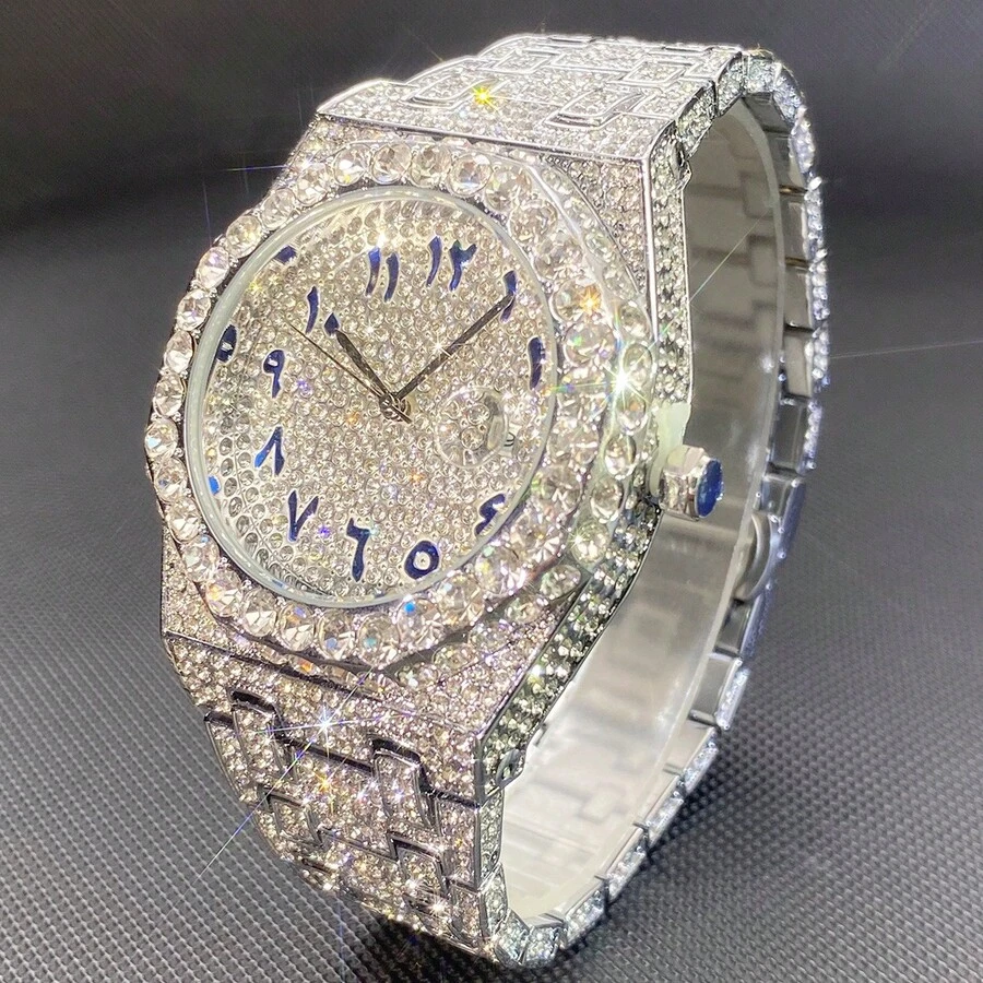 Full Rhinestone Encrusted Link Band Watch With Roman Numeral Dial - Mouldless - View 1