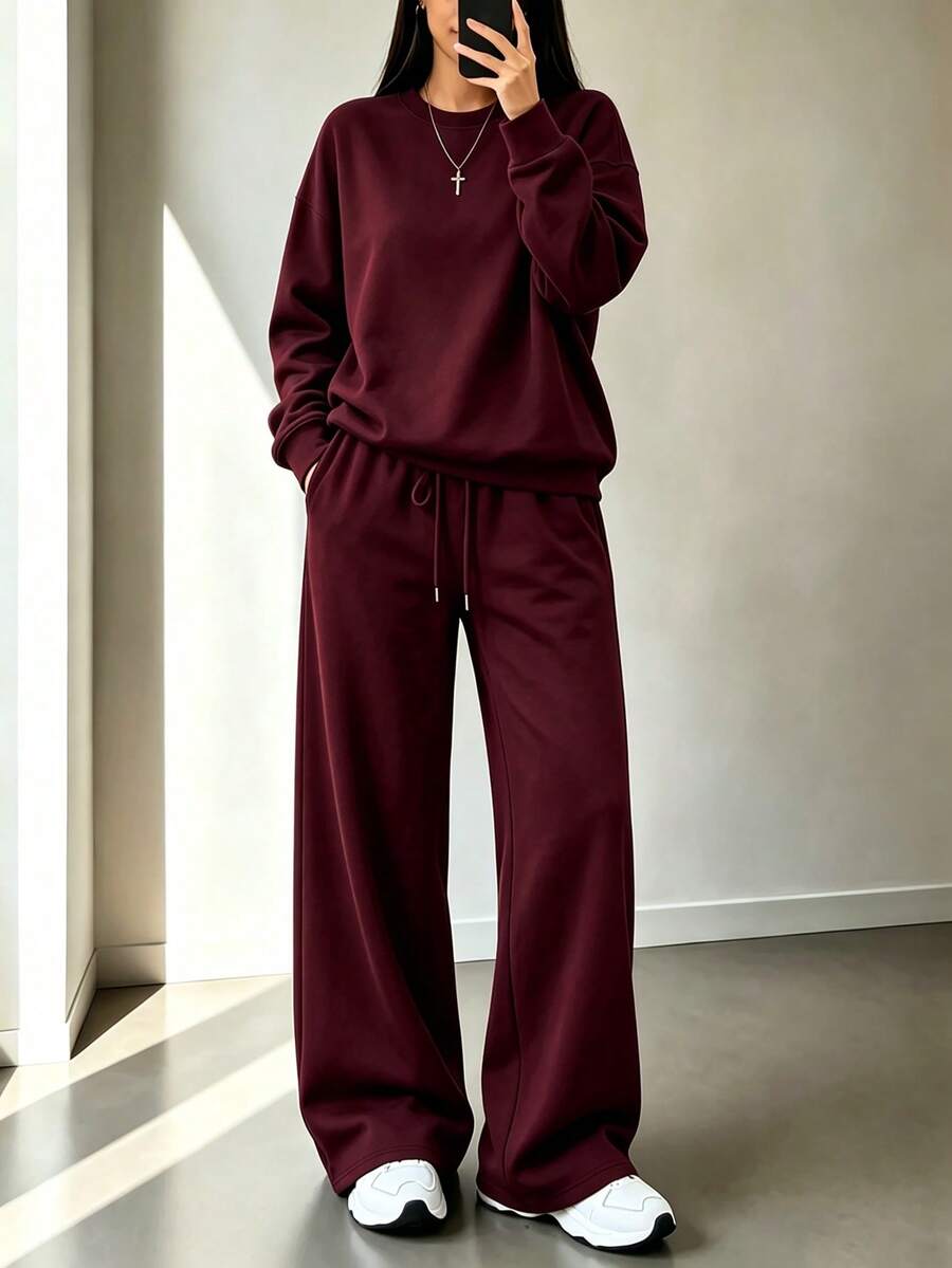 2件組 Falloutfits 女款運動套裝,時尚舒適拼色夾克與休閒長褲,適合秋冬穿著 - 酒紅色 - 查看 1