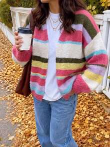 Just Masa Women's Fall Casual Multi-Striped Colorblock Sweater Cardigan,Long Sleeve V Neck Loose Rib-Knit Coat,For Daily Wear,Going Out,Halloween - Colorful Stripes - View 7