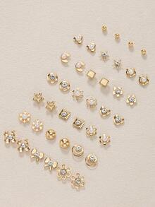 20 Pairs Minimalist Fashion Stud Earrings Set, Exquisite Square Snowflake Heart Moon Multi-Element Earrings, Non-Repeating Designs, Suitable For Women's Daily Wear, Vacation, Beach, Low-Allergy Jewelry Gift For Friends - Yellow Gold - View 5