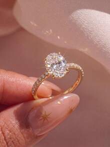 1pc Shiny Oval Engagement Ring/Wedding Ring, Women's Promise Ring/Eternity Ring, Exquisite Jewelry Gift - Gold - View 3