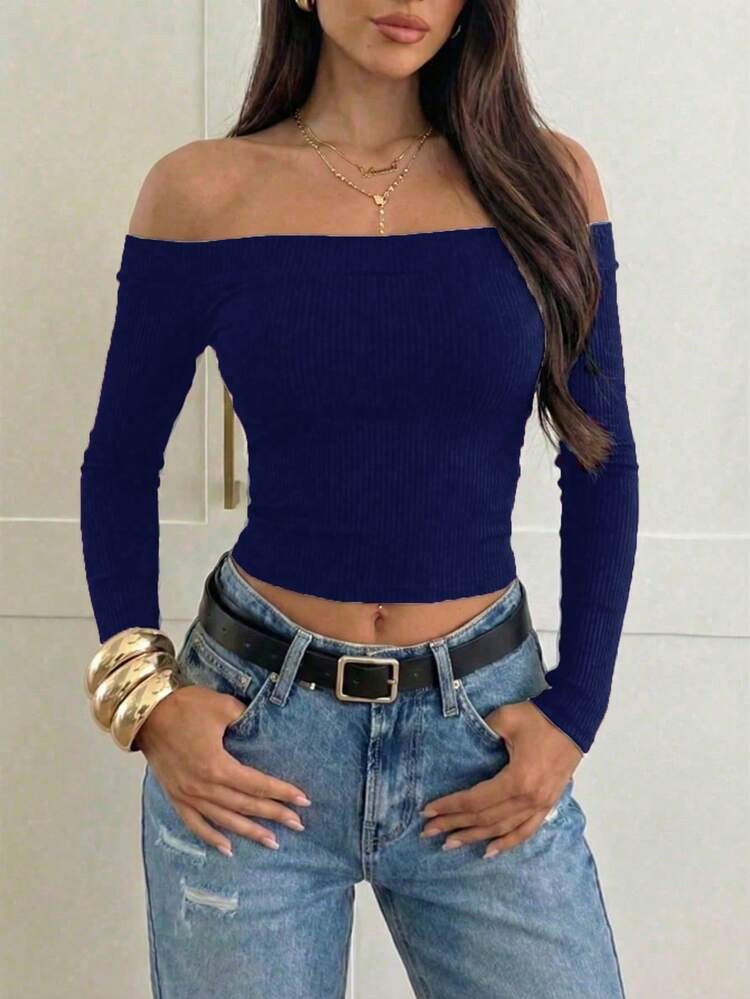Women's Cold Shoulder Slim Fit Ribbed Long Sleeve Top, Spring/Summer Y2K Cropped Lightweight Blouse - Dark Blue - View 3