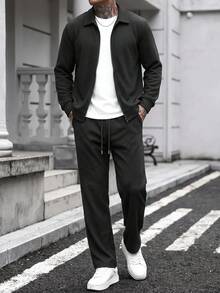 Black Waffle Knit Lapel Full Zip Jacket & Sweatpants 2 Pieces Set Men's Casual Sports Outfit - Black - View 3