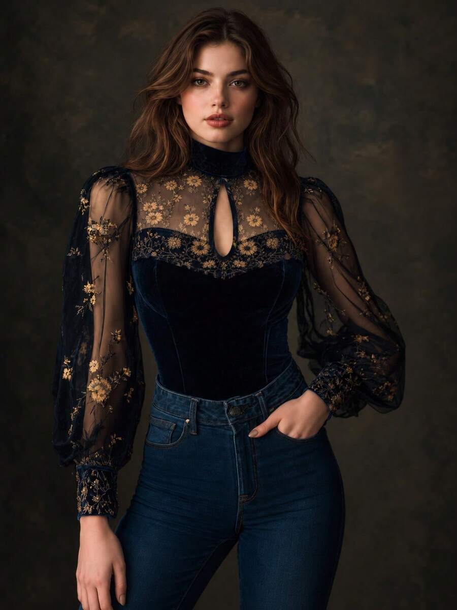 Women's Elegant Velvet Sheer Floral Lantern Sleeve Blouse With Keyhole Cutout Design, Perfect For Autumn And New Year Outfits - Navy Blue - View 1