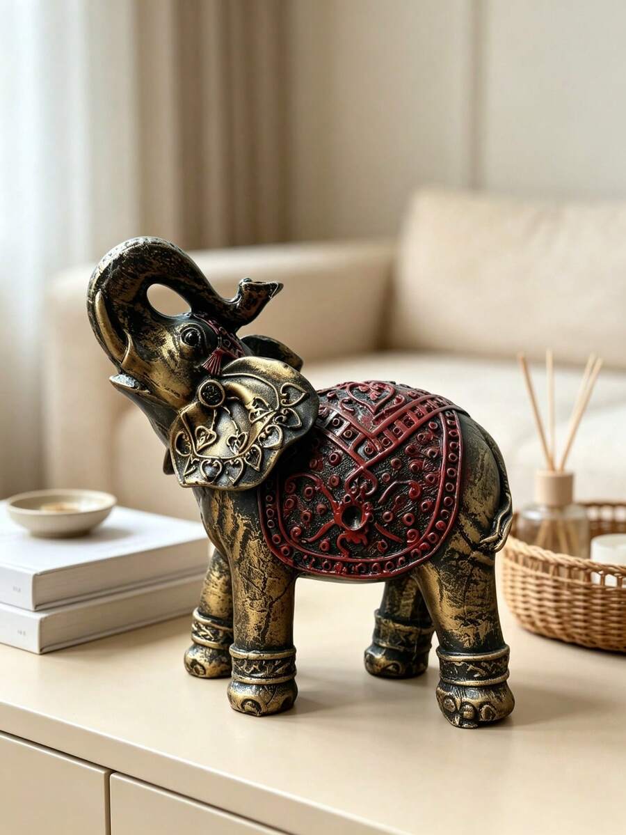 1pc Vintage Distressed Blue Elephant Statue, Upward Trunk Lucky Resin Figurine, Exquisite Mandala Pattern, Feng Shui Wealth Decor, Suitable For Entryway Console And Living Room - Multicolor 1 - View 1