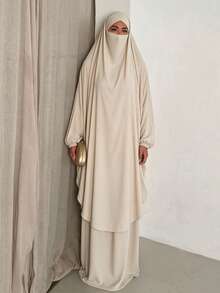 女款一體式希賈布長袍洋裝，彈性抓皺袖口祈禱袍，全遮蓋端莊穆斯林卡夫坦，Khima 祈禱吉爾巴 - 彩色 - 查看 8