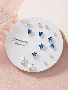 7 Pairs Women's Fashion Stud Earrings, Heart, Star, Moon, Small Wing Multi-Element Combination Earrings, Suitable For Daily Wear, Gatherings, Parties, Jewelry Holiday Gift - Multicolor - View 1