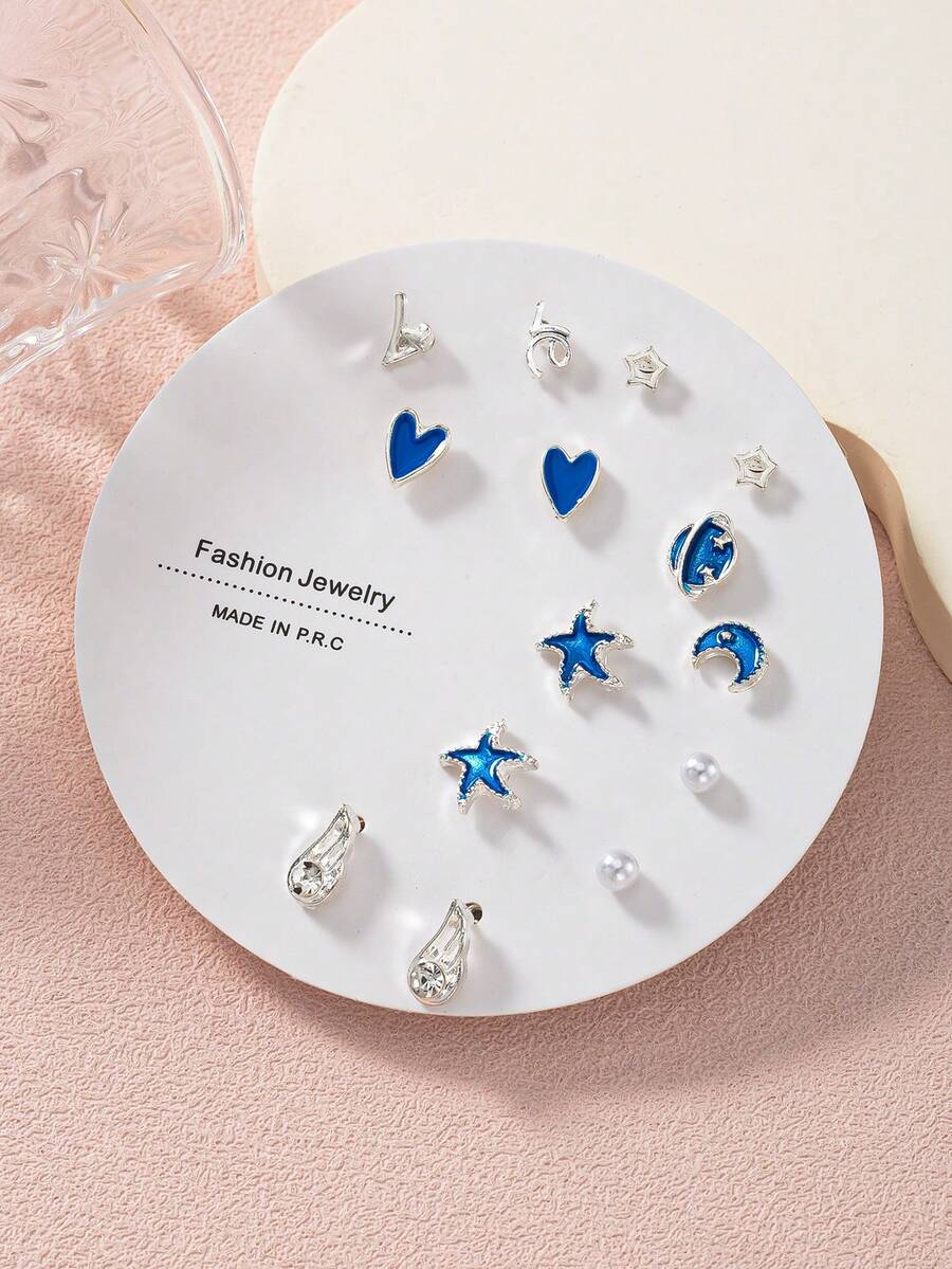 7 Pairs Women's Fashion Stud Earrings, Heart, Star, Moon, Small Wing Multi-Element Combination Earrings, Suitable For Daily Wear, Gatherings, Parties, Jewelry Holiday Gift - Multicolor - View 1