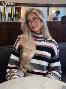 VIBEWAVE Loose Drop Shoulder High Neck Colorful Ribbed Knit Sweater, European & American Retro Casual Style Contrast Stripe Long Sleeve Top, Soft Ribbed Knit Cardigan For Autumn/Winter Streetwear, Outdoor, Travel - Multicolor - View 1