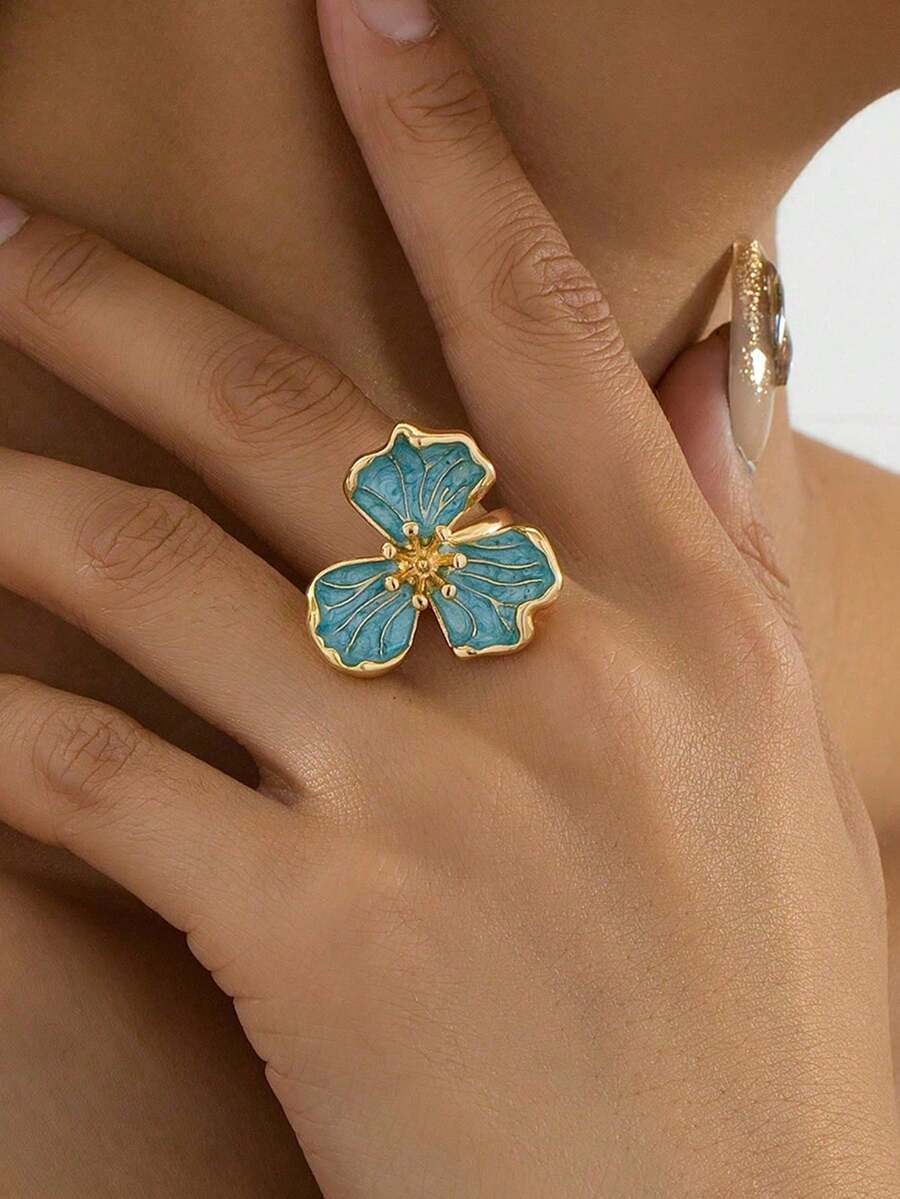 1件甜美可愛油滴花朵女款戒指，適合約會、訂婚禮物 - 淺藍色 - 查看 1