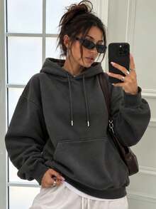 Áo nỉ chui đầu unisex dáng rộng phối đa năng, lót lông cừu ấm, tay dài, có túi và dây rút - Màu xám đen - Xem 2