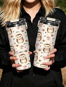 1pc/5pcs 30oz Cute Hedgehog Tumbler. Stainless Steel With Handle, Straw & Leak-Proof Flip Lid. Sweet Hedgehog, Snail And Mushroom Print. Perfect Birthday Gift, Suitable For Travel, Work, Fitness & Daily Outdoor Use. - Beige-hedgehog - View 8