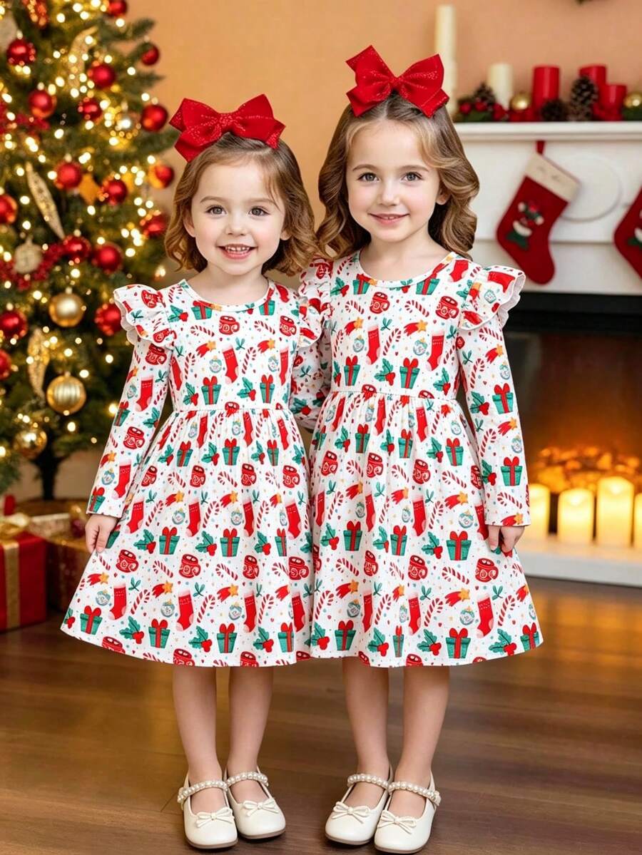Girls' Christmas Cartoon All-Over Print Dress, Candy & Gift Pattern ...