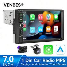 VENBES 7 Inch Single DIN Car Stereo, Wired Apple CarPlay And Android Mirror-Link, MP5 Multimedia Car Radio, Bluetooth FM USB AUX, 12V Car Head Unit - Main Unit + 8‑LED Square Rear‑view Camera - View 2