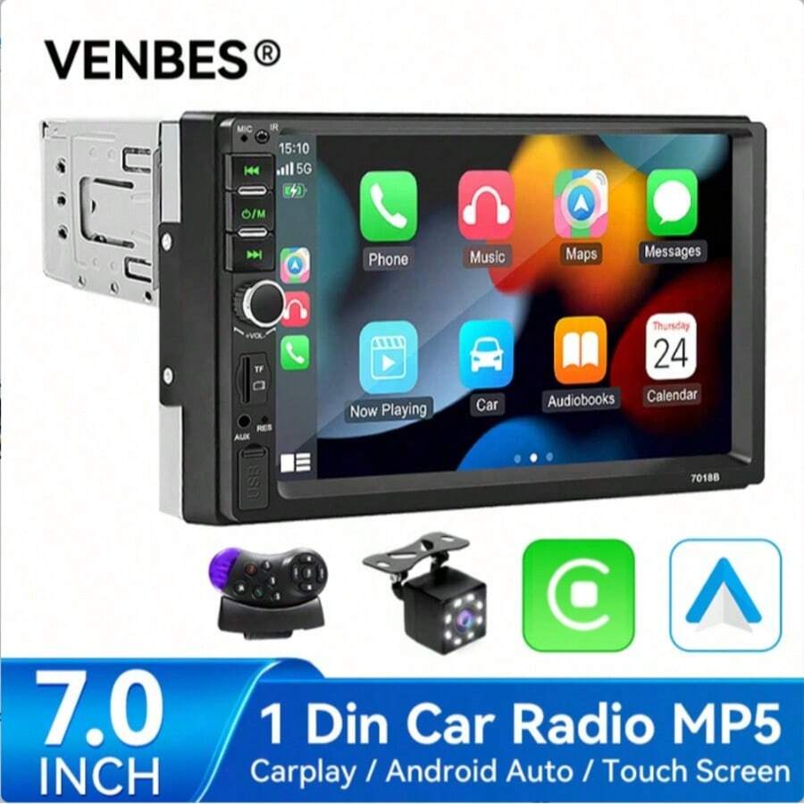 VENBES 7 Inch Single DIN Car Stereo, Wired Apple CarPlay And Android Mirror-Link, MP5 Multimedia Car Radio, Bluetooth FM USB AUX, 12V Car Head Unit