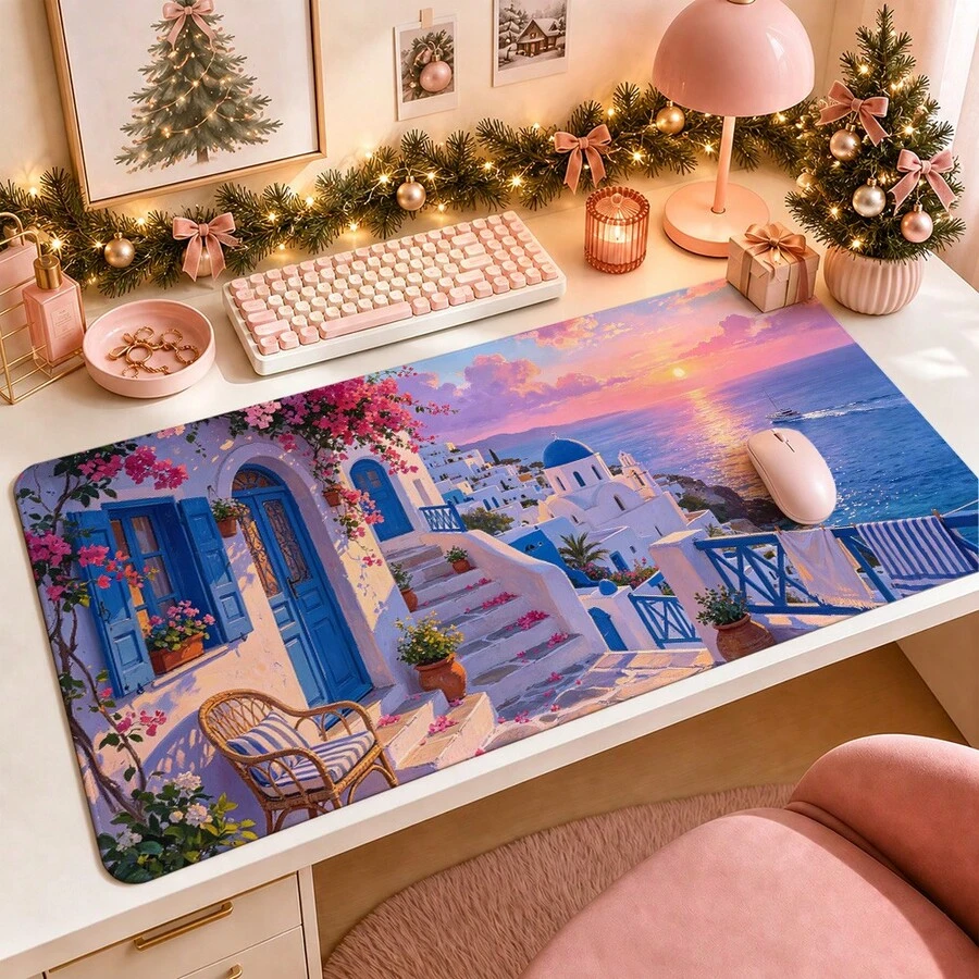 1pc Mediterranean Coastal Village Sunset Mouse Pad, Blue And White Seaside Landscape Extended Desk Mat For Home Office And Gaming - View 1