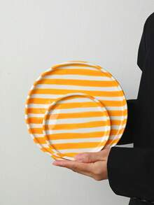 1 Set Striped Ceramic Plates, European Style 6" + 8" Combination Ceramic Serving Plates, Tableware Plates, Dessert Cake Trays, Fruit Plates, Casual Snack Trays, Coffee Cup Trays, Nut Plates, Suitable For Home, Party, Gift - Multicolor - View 5