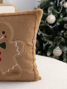 1pc Christmas Brown Gingerbread Man Embroidered Pillowcase, Suitable For Indoor Decoration, Christmas Decor, All-Season Pillowcase, Without Insert - Brown - View 8