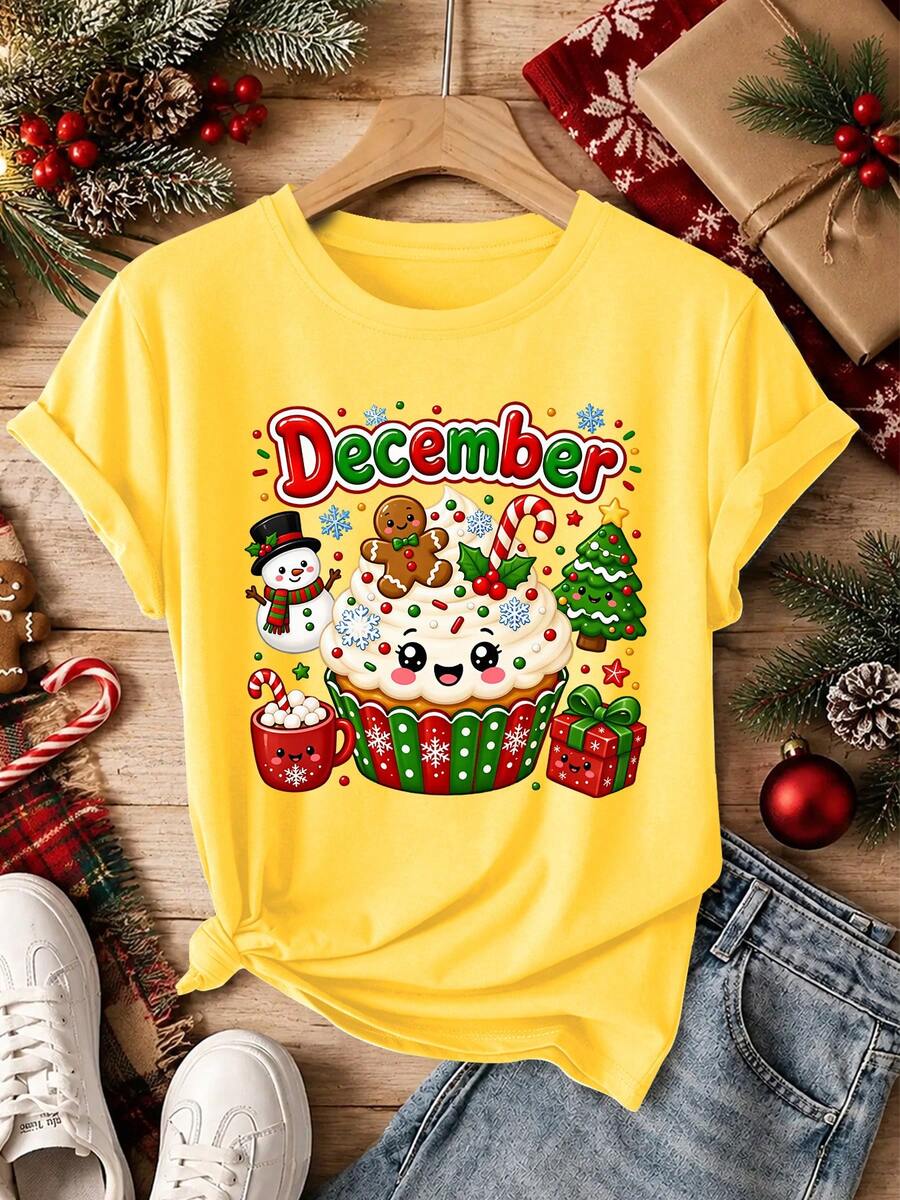 T-shirt de Noël de décembre pour femmes grandes tailles, imprimé mignon de cupcake, bonhomme de neige et bonhomme en pain d'épices, col rond, manches courtes, coupe ample, top de fête d'automne/hiver - Jaune citron - Voir 1