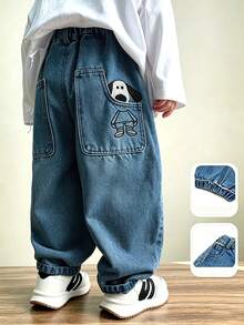 Boys Light Blue Washed 3D Puppy Embroidery Elastic Waist Wide Leg Denim Jeans, Soft Loose Casual Long Pants For Kids - Dark Wash - View 2