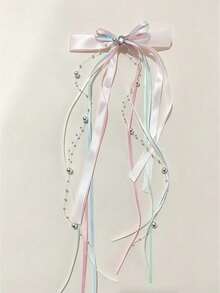 2pcs Cute Ballet Style Long Ribbon Bow Hair Clips, Women's Beaded Chain Side Hair Clips Lolita Headwear - Multicolor - View 9