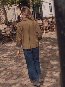 Women's Autumn Elegant Casual Brown Button-Front Plaid Cuff Lined Long Sleeve Short Jacket, Suitable For Vacation, Office, Outings - Dark Khaki - View 6