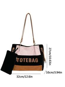 Túi tote nữ mới, họa tiết chữ phối màu với ví cầm tay màu trơn, dung tích lớn, thời trang đa năng, túi đi làm đi mua sắm hàng ngày - màu đen - Xem 3