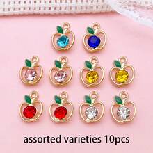 Random 5/10Pcs Mixed Color Hollow Apple Rhinestone Charms, Golden Enamel Leaf Fruit Pendant For DIY Earrings Bracelet Jewelry Making - Multicolor - View 13