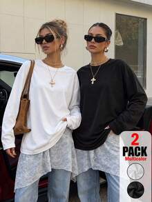 2pcs Women's Loose Plus Size Long Sleeve T-Shirt, Solid Color Crew Neck Drop Shoulder Relaxed Fit Casual Basic Top, Spring Autumn Winter Daily Wear - Multicolor - View 2