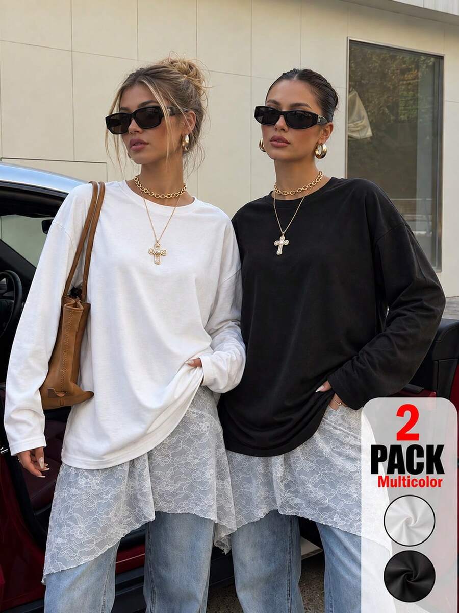 2pcs Women's Loose Plus Size Long Sleeve T-Shirt, Solid Color Crew Neck Drop Shoulder Relaxed Fit Casual Basic Top, Spring Autumn Winter Daily Wear - Multicolor - View 1