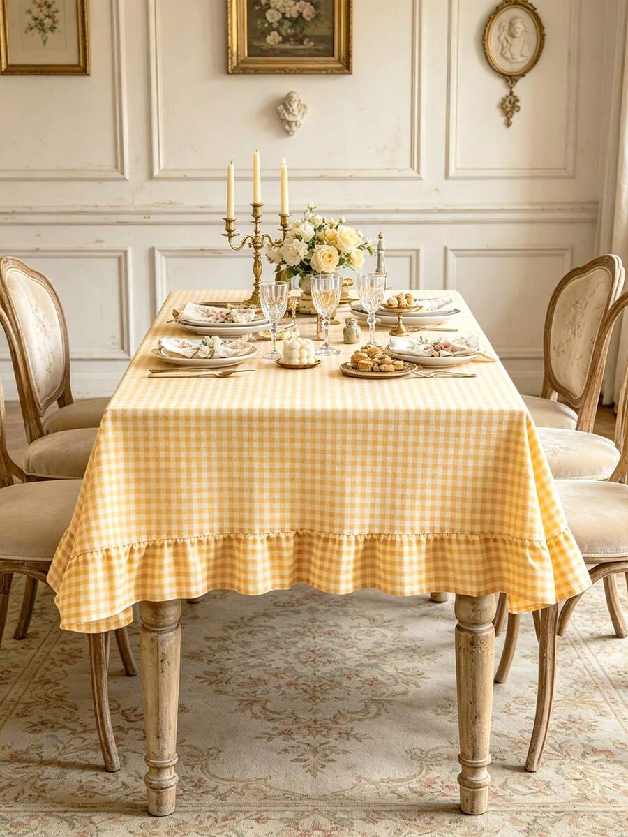 1PC French Vintage Plaid Tablecloth, Farmhouse Retro Style, With Scalloped Edge, Skin-Friendly Washable And Reusable, Suitable For Home Kitchen Dinner Outdoor Activities Living Room Dining Room Party Gathering Daily Decoration - Yellow - View 1